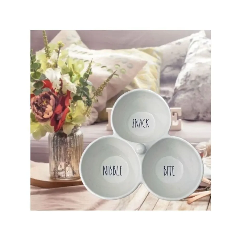 NWT Gorgeous Rae Dunn white Ceramic set of 3 attached bowls SNACK BITE NIBBLE